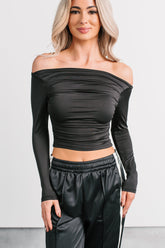 Rosy Reality Boat Neck Long Sleeve Crop Top (Black)