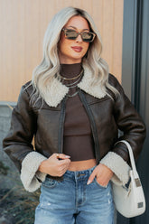Serves You Right Sherpa Lined Faux Leather Jacket (Brown)