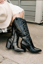 Didn't Come To Play Faux Leather Cowgirl Boots (Black)