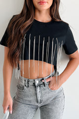 Brittany Rhinestone Fringe Padded Shoulder Top (Black)