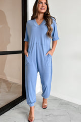 Tired Eyes Short Sleeve Slouchy Jumpsuit (Light Denim)