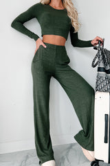 Asa Heathered Knit Crop Top & Pants Set (Olive)