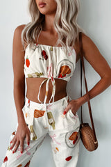 French Bistro Printed Drawstring Crop Top (Ivory)
