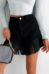 Here For A Good Time High Waist Fringed Shorts (Black Denim)