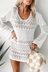 Sandy Holidays Crochet Knit Long Sleeve Cover Up Dress (White)