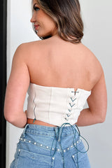 Playing The Player Strapless Lace-Up Crop Corset Top (Ecru)