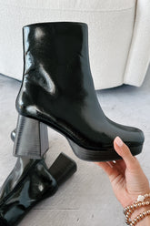 Keep On Grooving Patent Leather Platform Booties (Black/Dark Brown)
