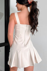 Scholarly Pursuits Pleated Buckle Strap Mini Dress (Taupe)