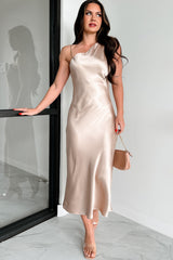 DOORBUSTER Metallic Moment Asymmetric Satin Midi Dress (Taupe)