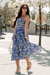 Deeply Devoted Smocked Printed Midi Dress (Denim Blue)