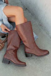 Off The Trail Mid-Calf Faux Leather Boots (Cognac)