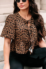 DOORBUSTER Feisty Fashion Front Tie Leopard Print Puff Top (Leopard)