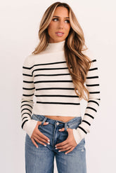 Blissful Rest Striped Mock Neck Sweater Top (Cream/Black)