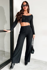 Ive Got My Eye On You Ribbed Long Sleeve Button Down Set (Black)