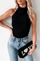 Sultry Attitude Ruched Mesh Halter Top (Black)