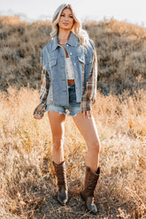 Daily Mode Plaid Denim Mix Jacket (Taupe Blend)