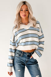 Keep It Soft Striped V Neck Sweater (White/Blue)