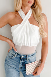 Sleek Simplicity Satin Mesh Halter Bodysuit (White)