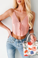 Lips That Linger Lace Up Crochet Cami Top (Apricot)