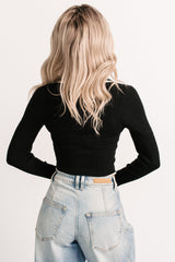 Wrapped Warm Contrast Trim Cable Knit Top (Black)