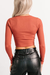 Starstruck Smiles Ribbed Henley Crop Top (Rust)