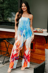 Wander Wildly Strapless Flowy Jumpsuit (Blue/Multi)