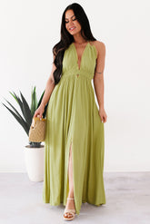Chasing Glances Halter Maxi Dress (Matcha)