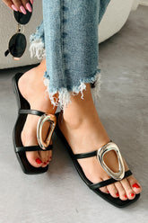 Shine & Tell Metal Ring Double Strap Sandals (Black)