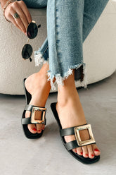 Talk Flirty Square Toe Gold Buckle Sandals (Black)