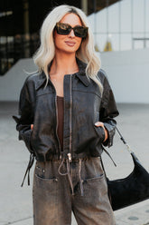 Never Tired Faux Leather Lace Side Jacket (Dark Coffee)