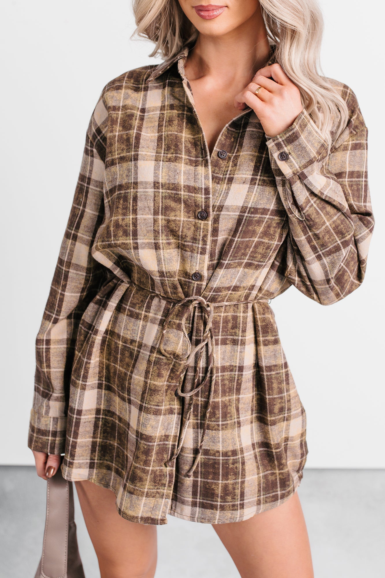 Grounded Ease Waist Tie Plaid Romper (Brown)