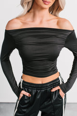 Rosy Reality Boat Neck Long Sleeve Crop Top (Black)