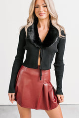 Say It Back Faux Fur Collar Knit Sweater Cardigan (Black)