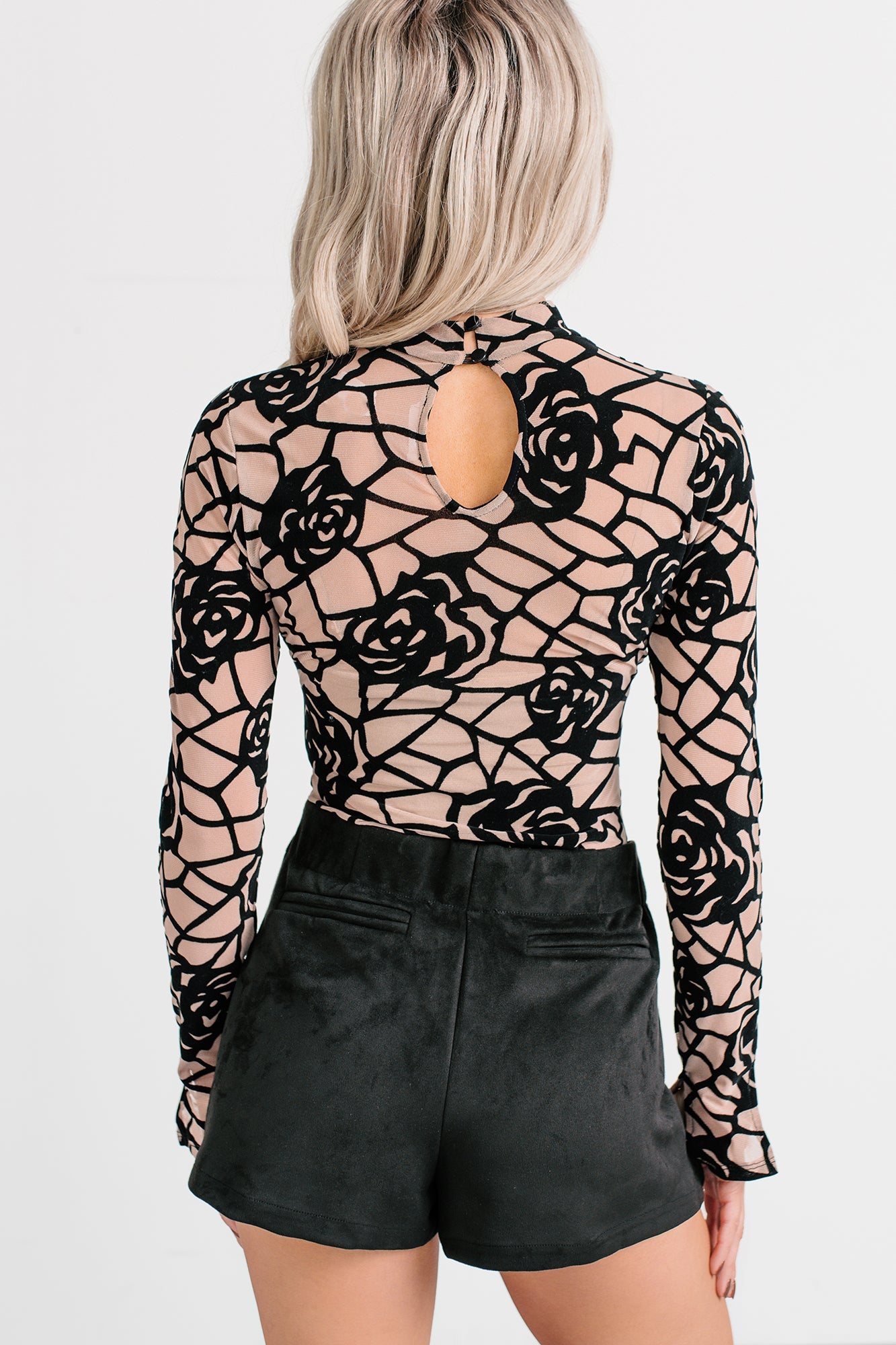 Miss Ambition Floral Mesh Bodysuit (Nude/Black)