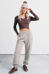 Born Sweet V Neck Ribbed Knit Top (Dark Brown)
