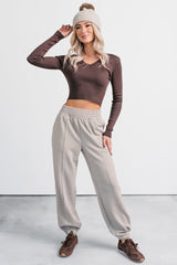Born Sweet V Neck Ribbed Knit Top (Dark Brown)