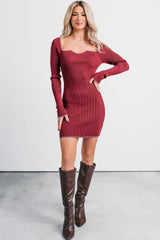 Out Of Nowhere Contrast Stitch Mini Sweater Dress (Burgundy)