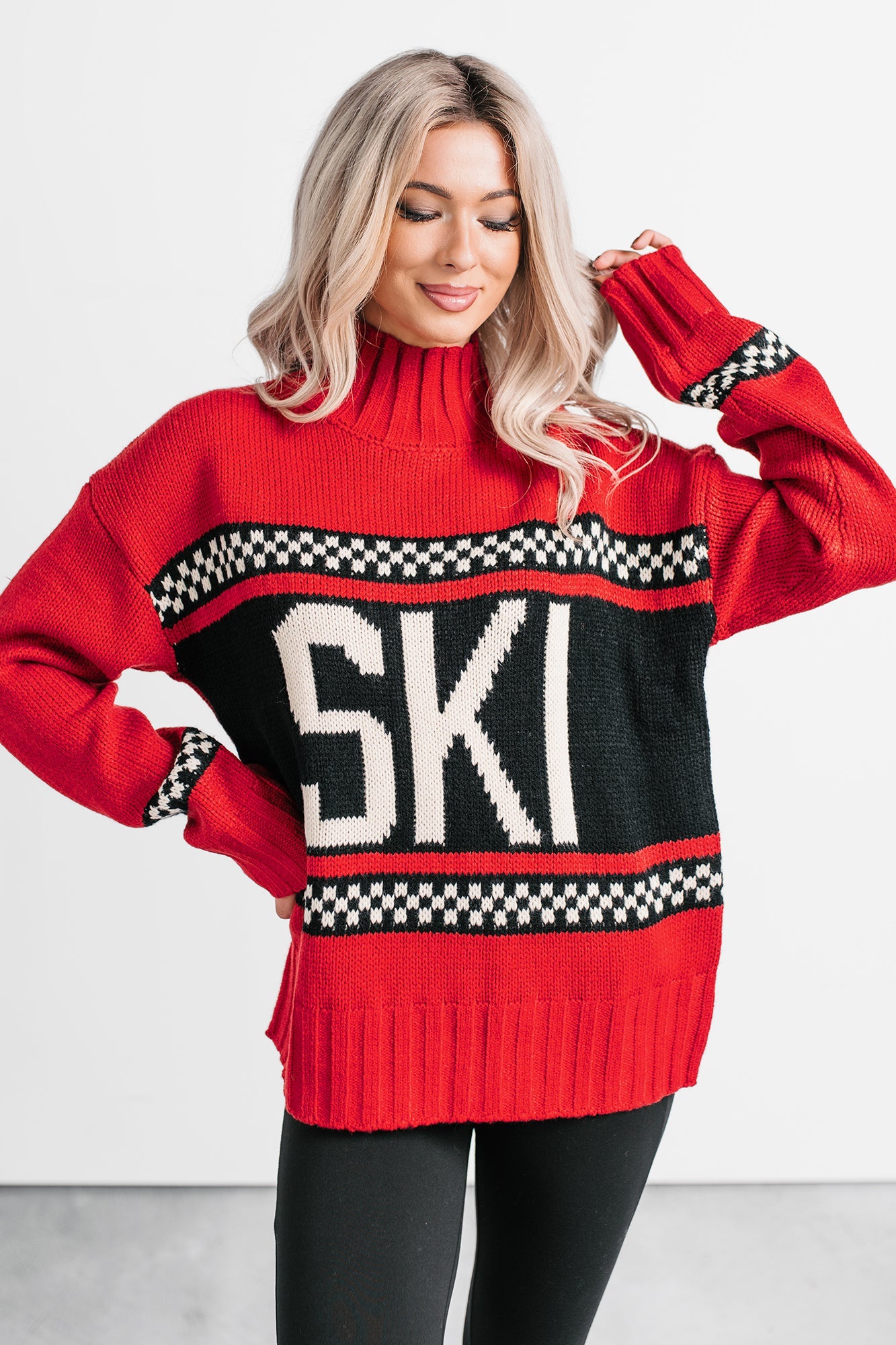 Ski You Later Graphic Mock Neck Sweater (Red)