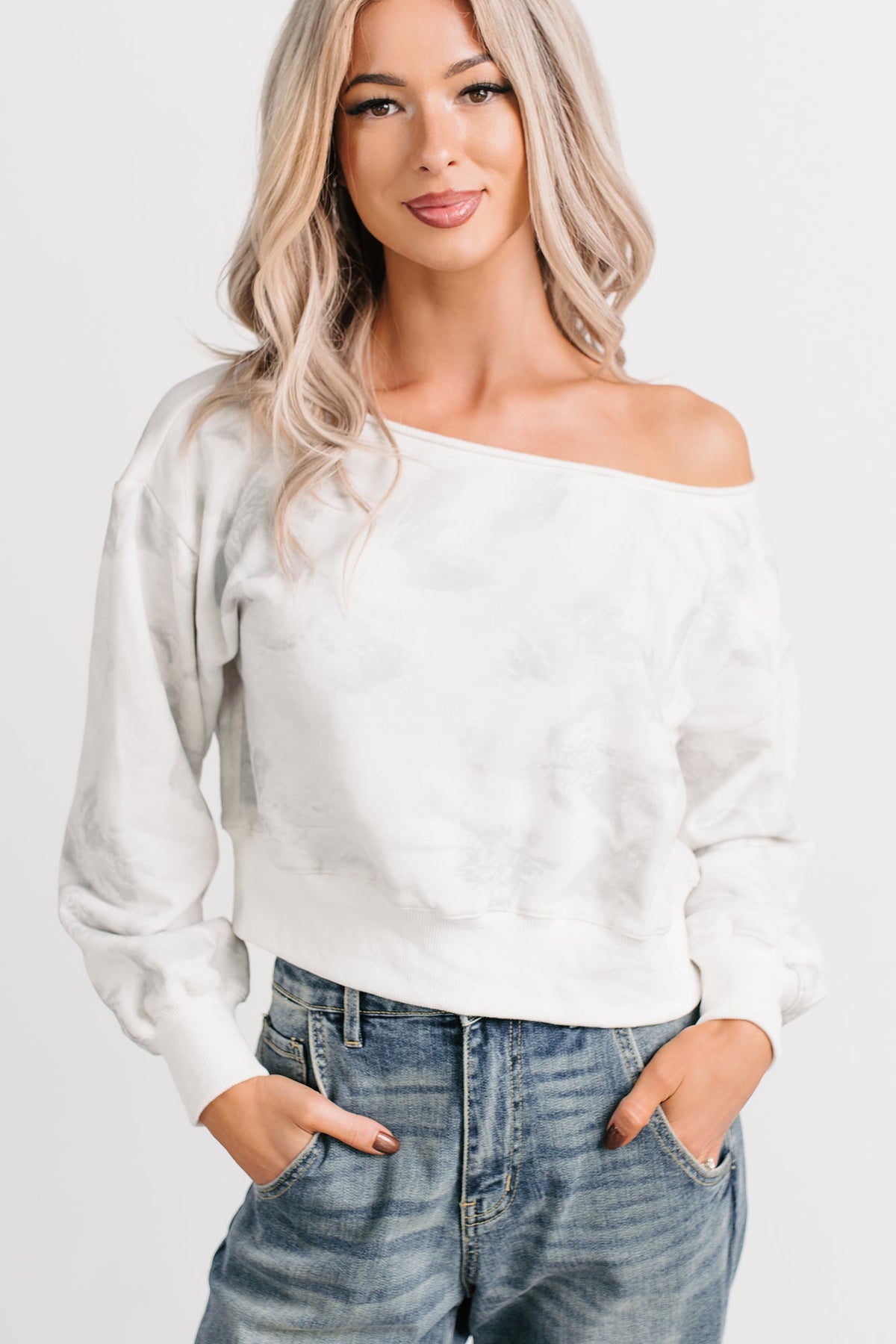 Cozy Nights Abstract Off The Shoulder Sweatshirt (White/Grey)