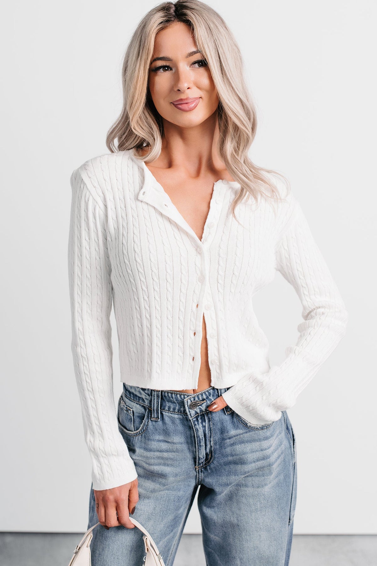 Blanket Hour Cable Knit Cropped Cardigan (Off-White)