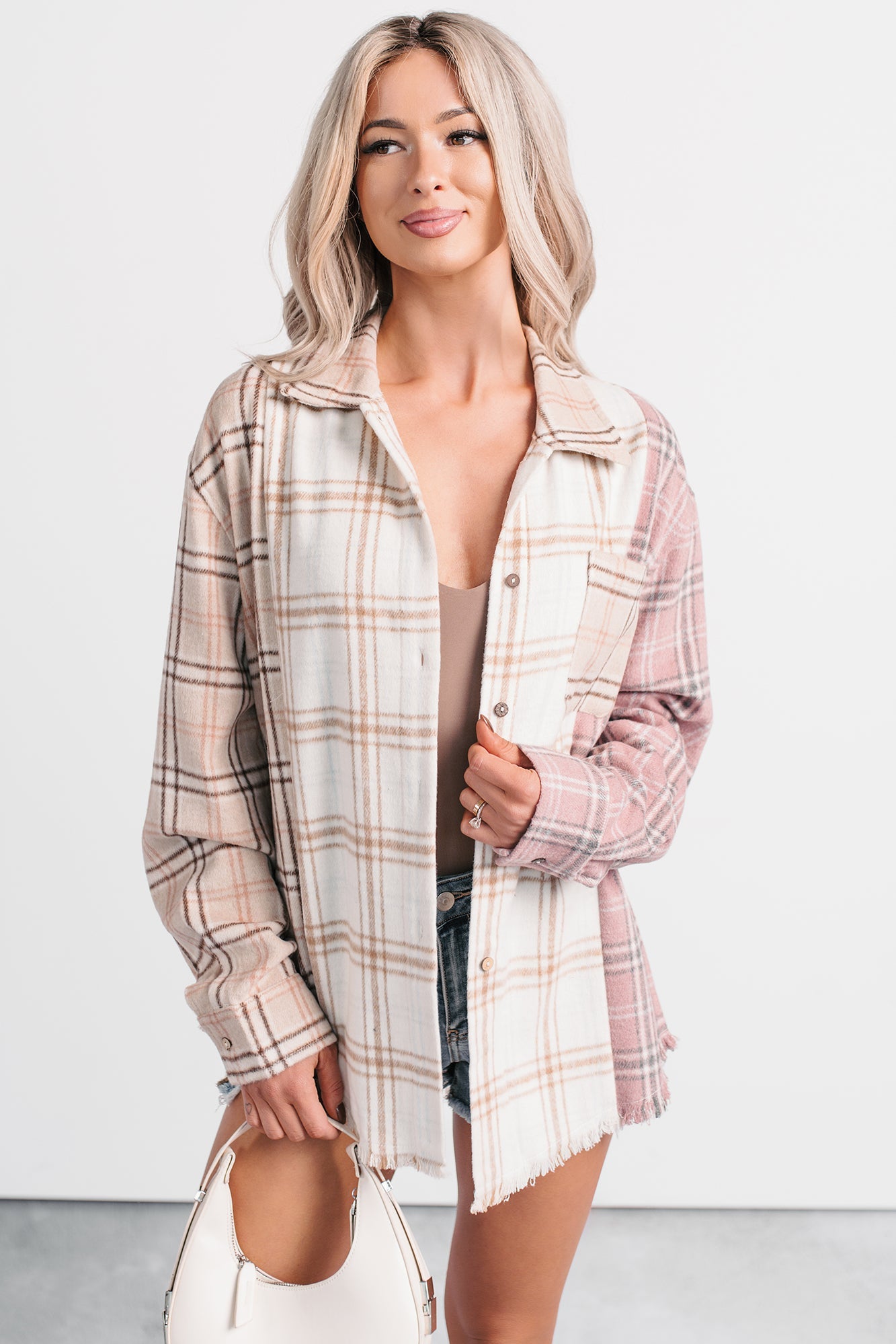 Chill Hour Oversized Mixed Plaid Shacket (Multi/Pink)