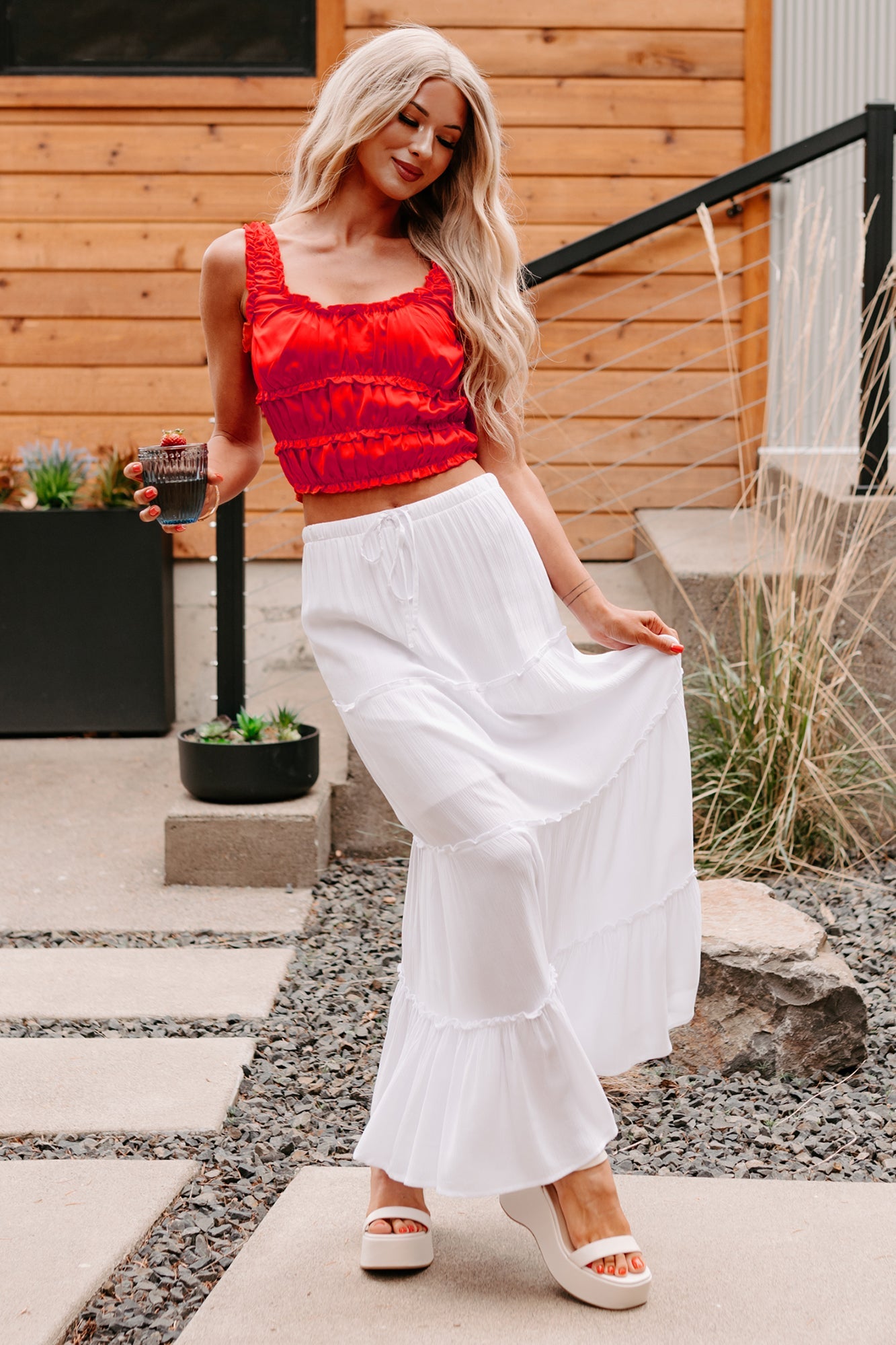 Luxe On Loop Ruched Satin Sleeveless Top (Tomato)