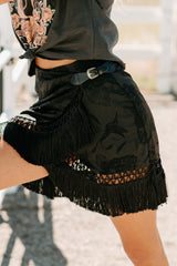 Tide & Tassel Satin Wrap Mini Skirt (Black)