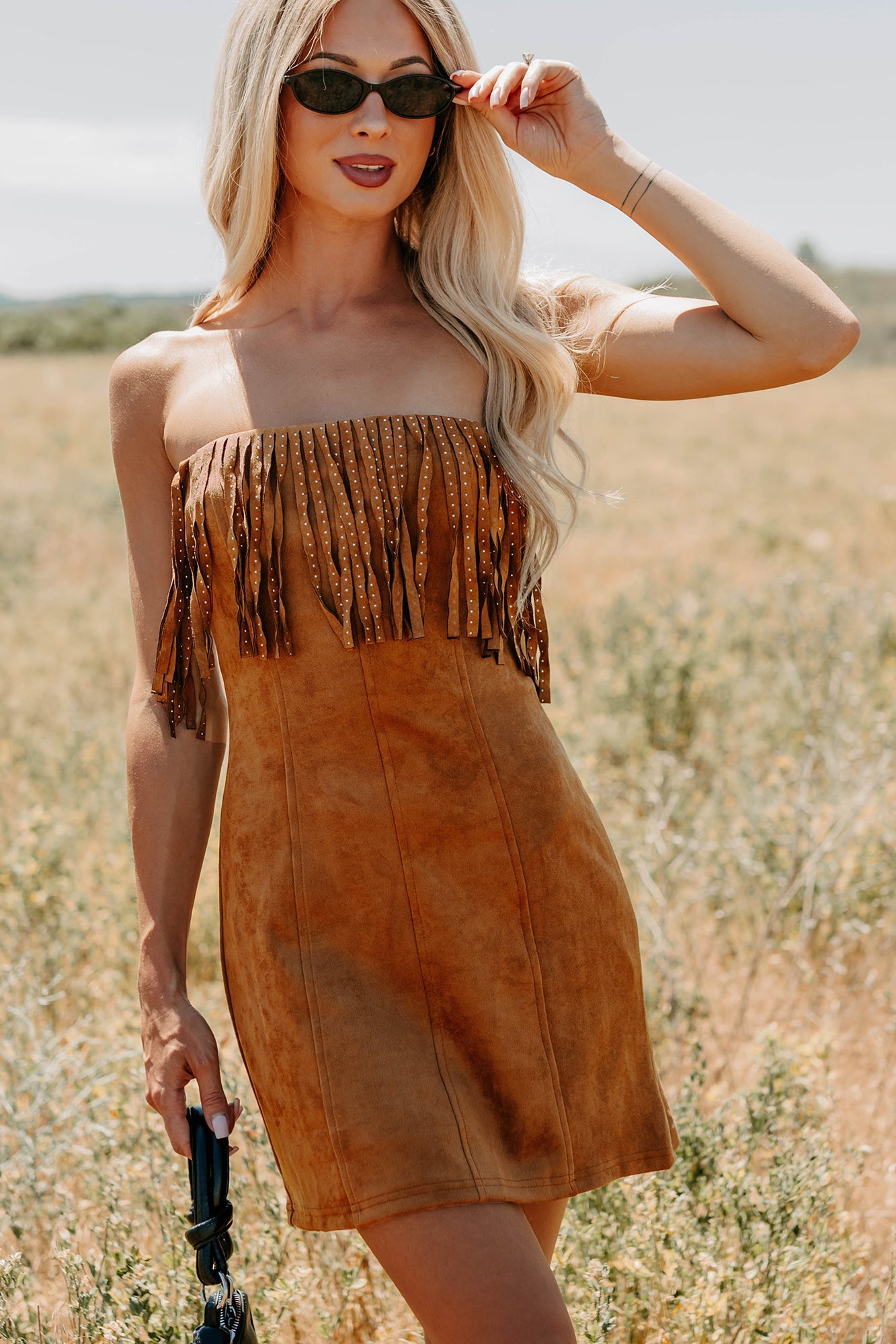 Country Dreams Suede Fringe Mini Dress (Brown)
