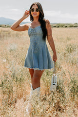 Watch Her Rise Sleeveless Denim Mini Dress (Denim)