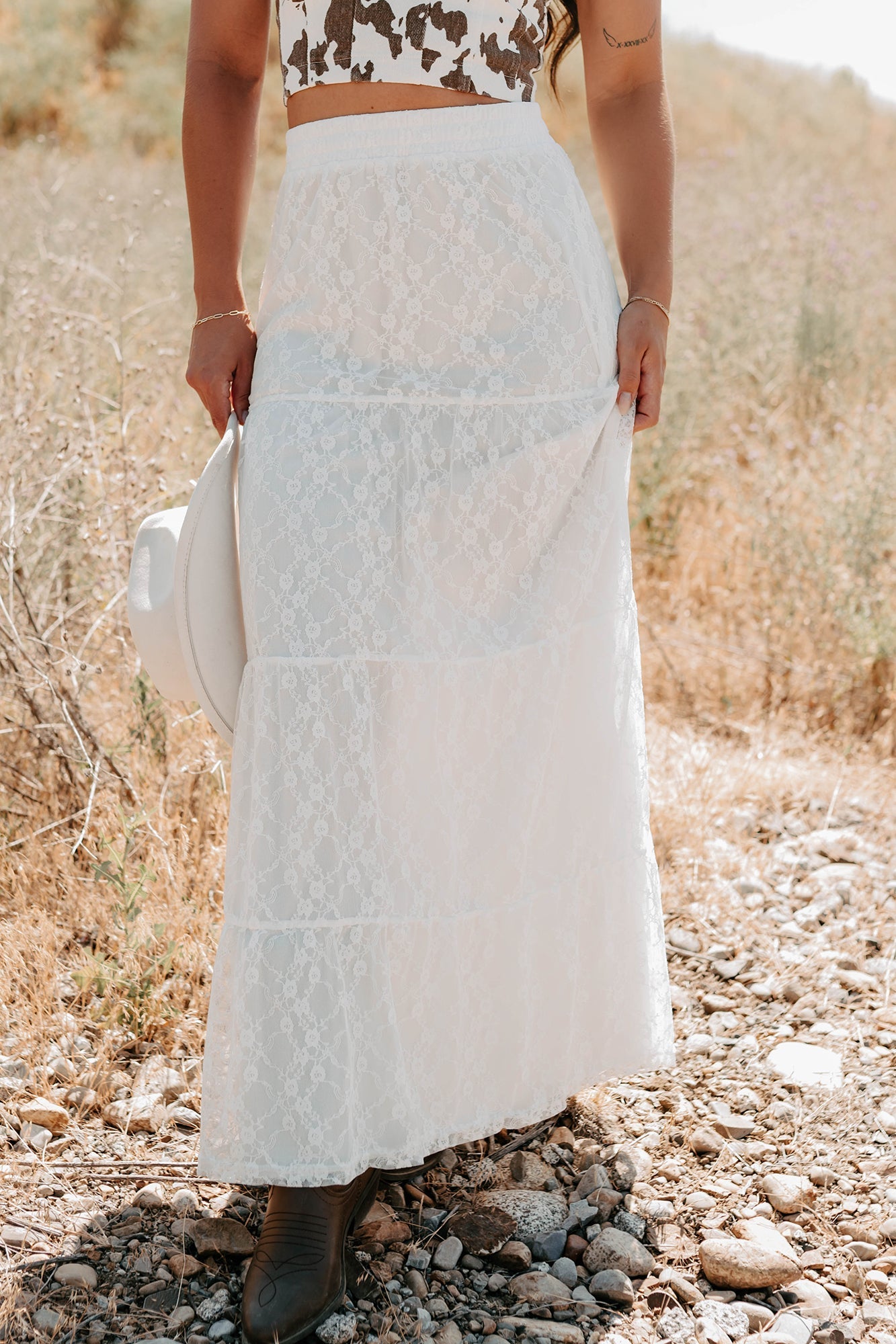 Golden Haze Floral Lace Tiered Maxi Skirt (Off White)