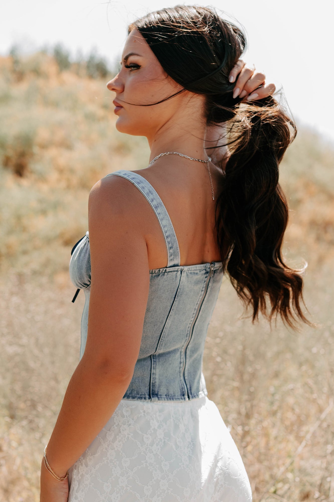 Fast Lane Living Denim Bustier Top (Denim)