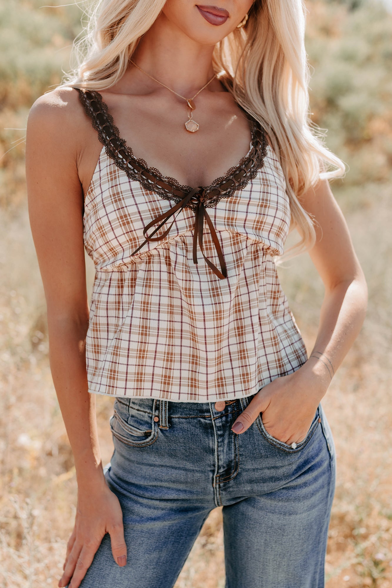 Girly & Dreamy Plaid Tank Top (Cream/Brown)
