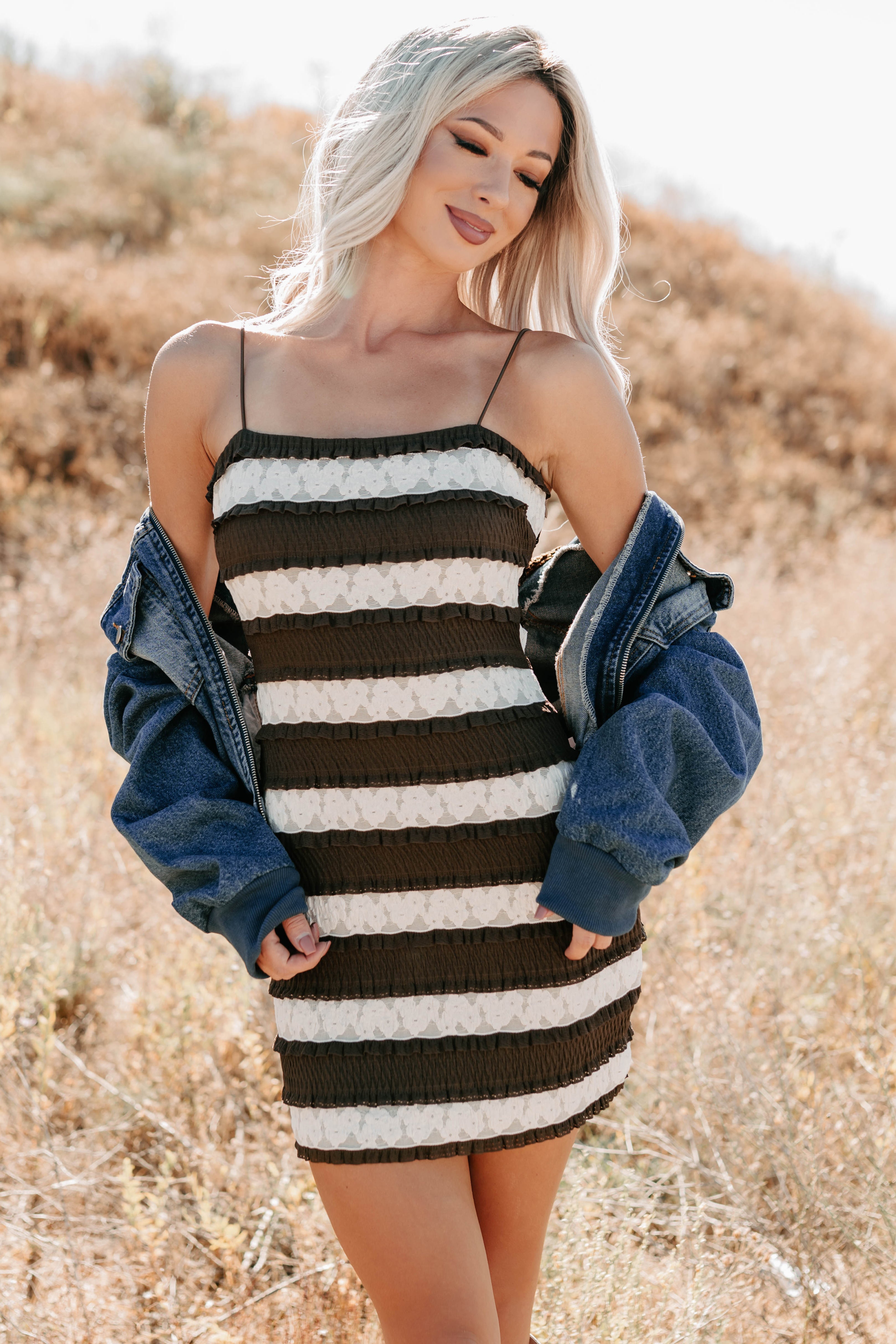 Later Babes Striped Lace Mini Dress (Brown)