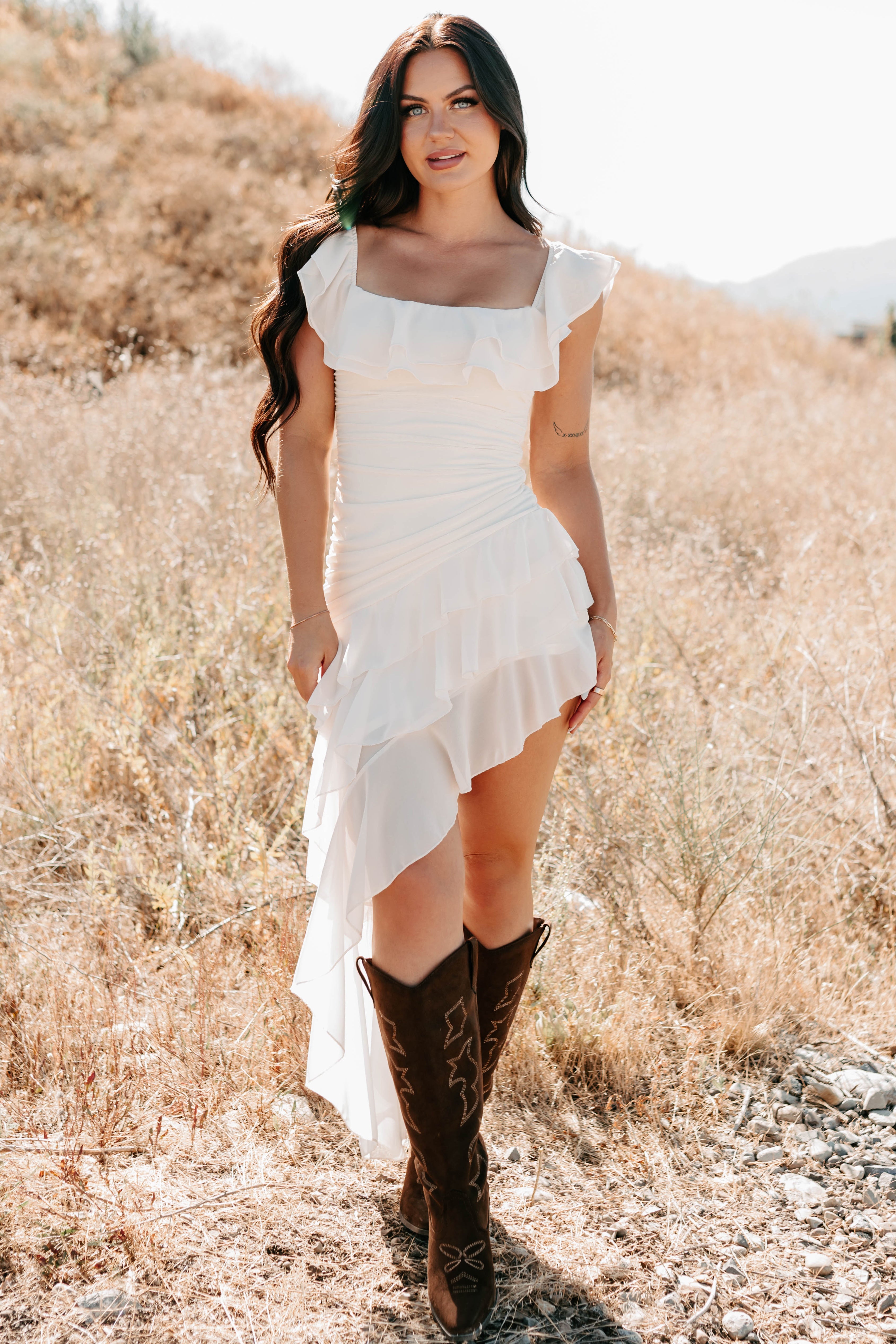 Perfectly Peachy Off The Shoulder Mini Dress (Ivory)